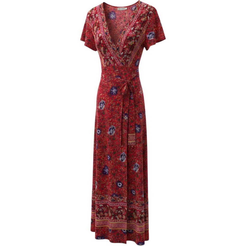 Temofon Womens Red Floral Boho Wrap Maxi Dress Short Sleeve V-Neck XL